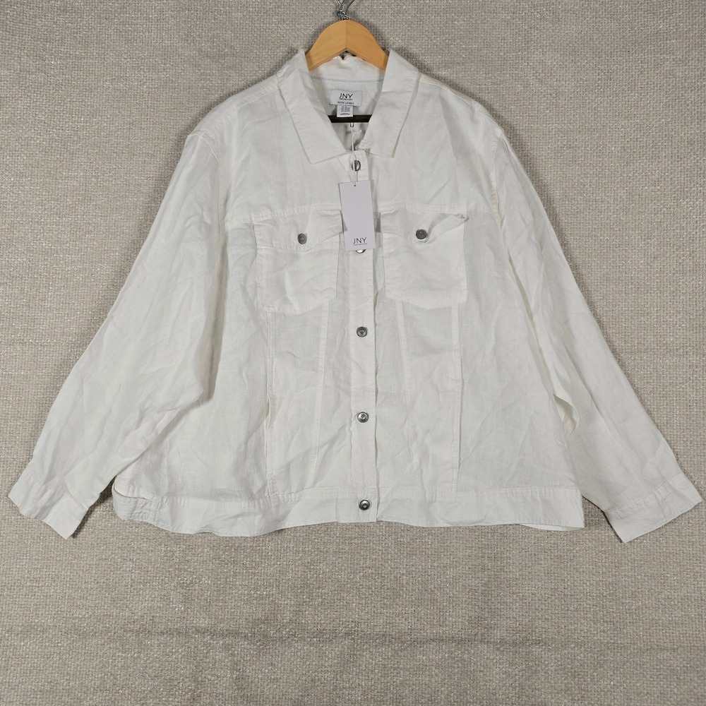Jones New York Womens 3X White 100% Linen Button Front Trucker Jacket NWT